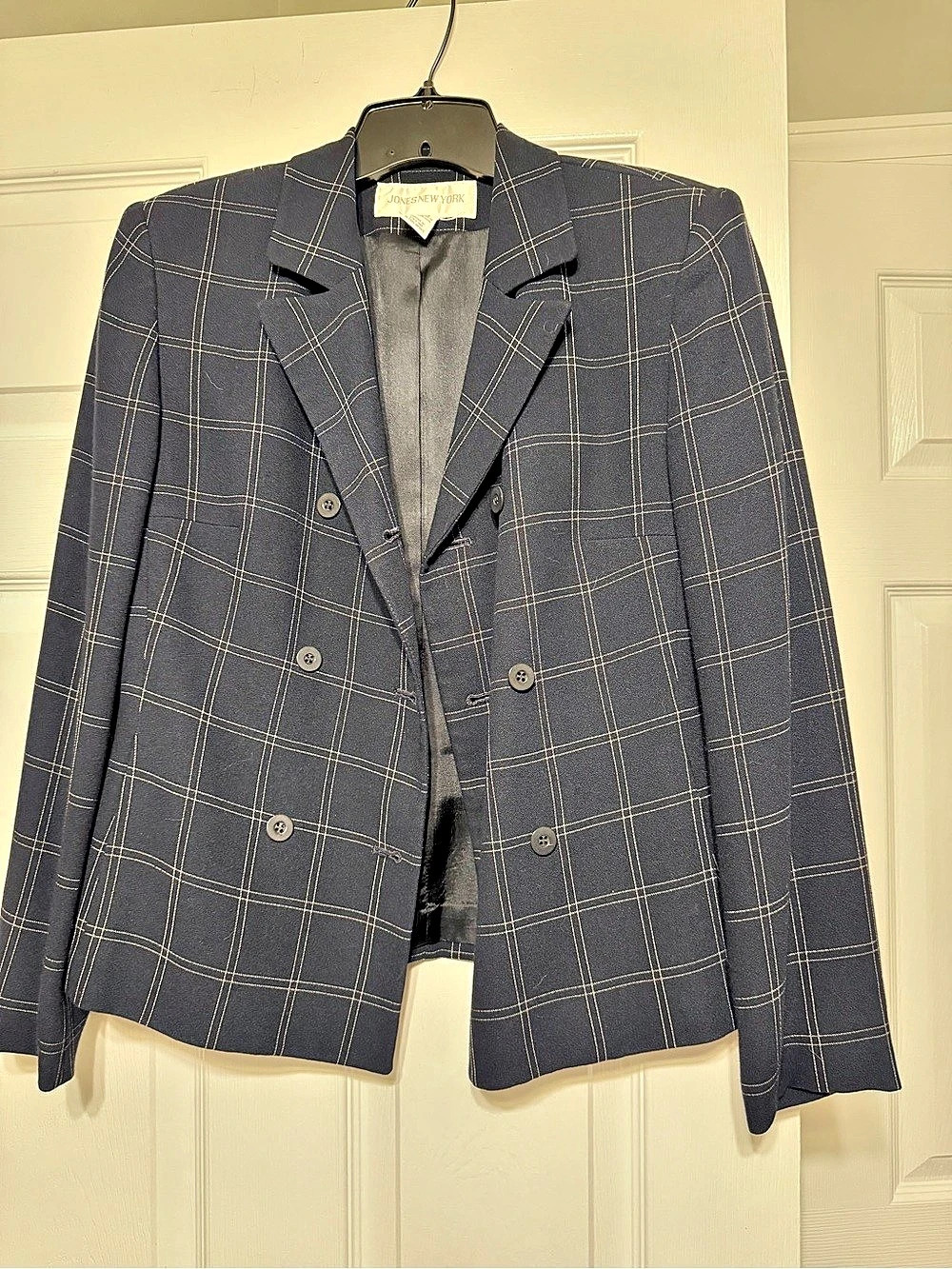 Jones New York Plaid Double Breasted Blazer Navy